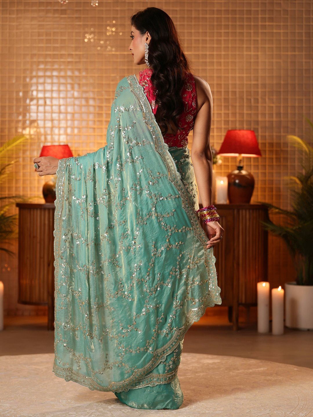  Blue Floral Embellished Tissue Saree 
