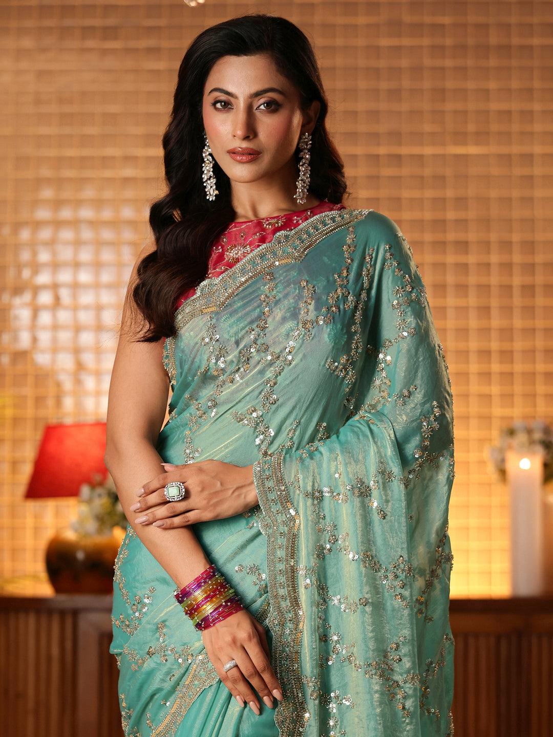  Blue Floral Embellished Tissue Saree 