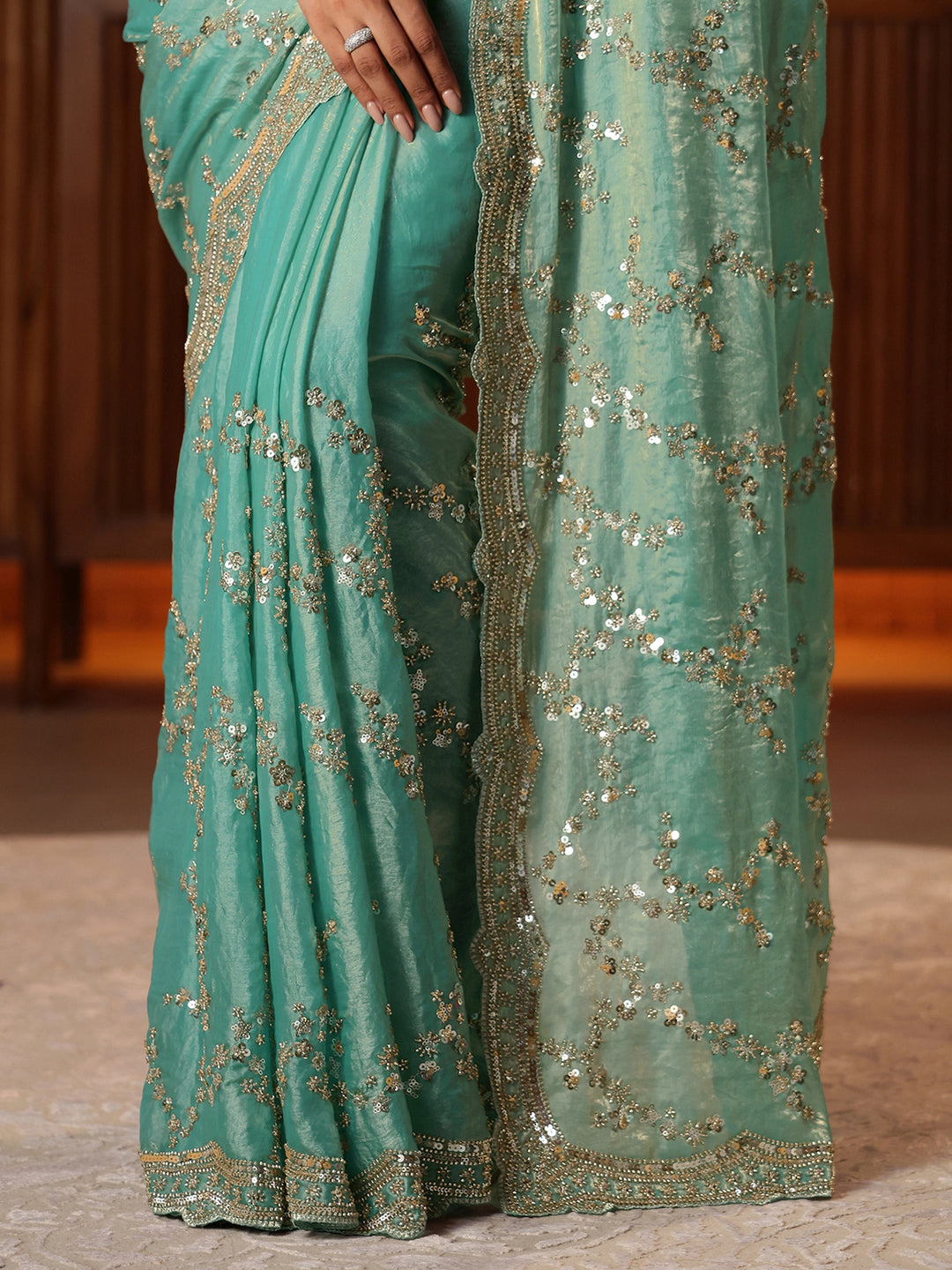  Blue Floral Embellished Tissue Saree 