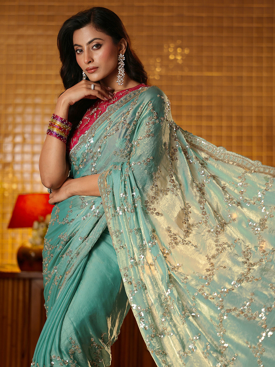 Libas Art Blue Floral Embellished Tissue Saree
