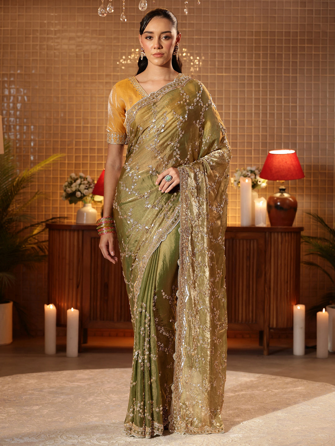  Green Floral Embellished Tissue Saree 
