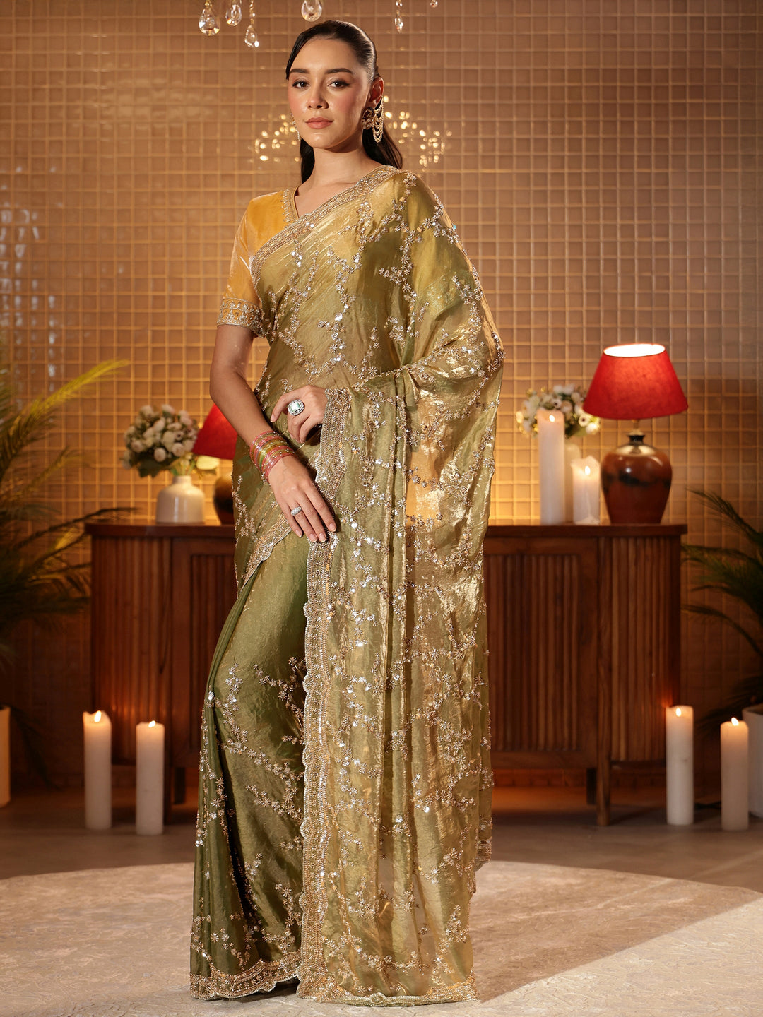  Green Floral Embellished Tissue Saree 
