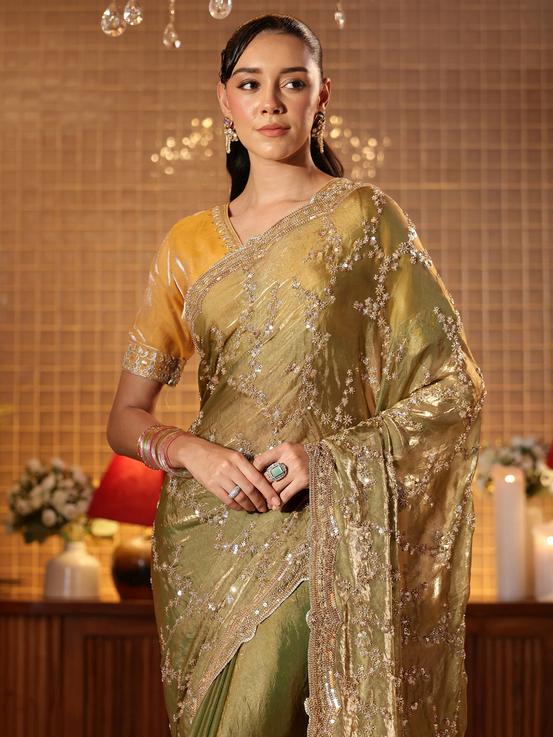 Green Floral Embellished Tissue Saree 