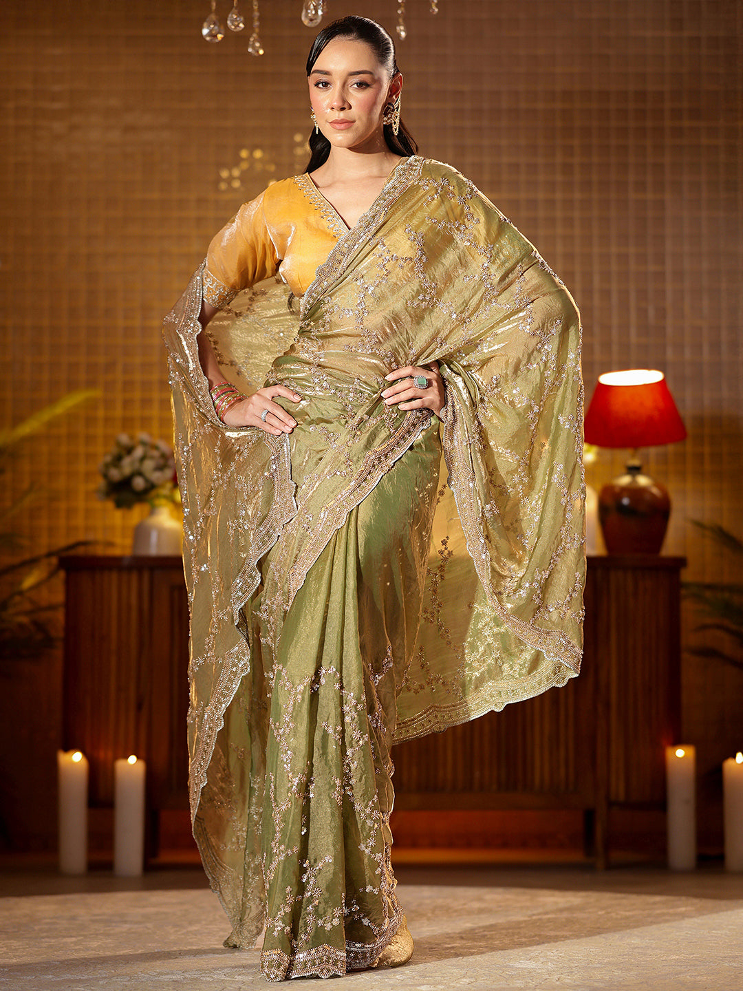 Libas Art Green Floral Embellished Tissue Saree