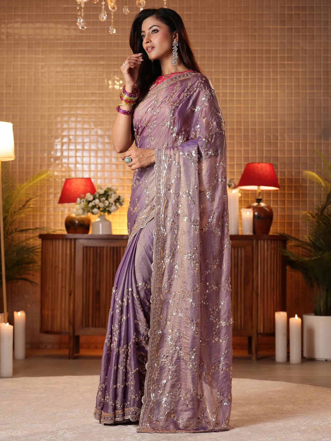  Lavender Floral Embellished Tissue Saree 
