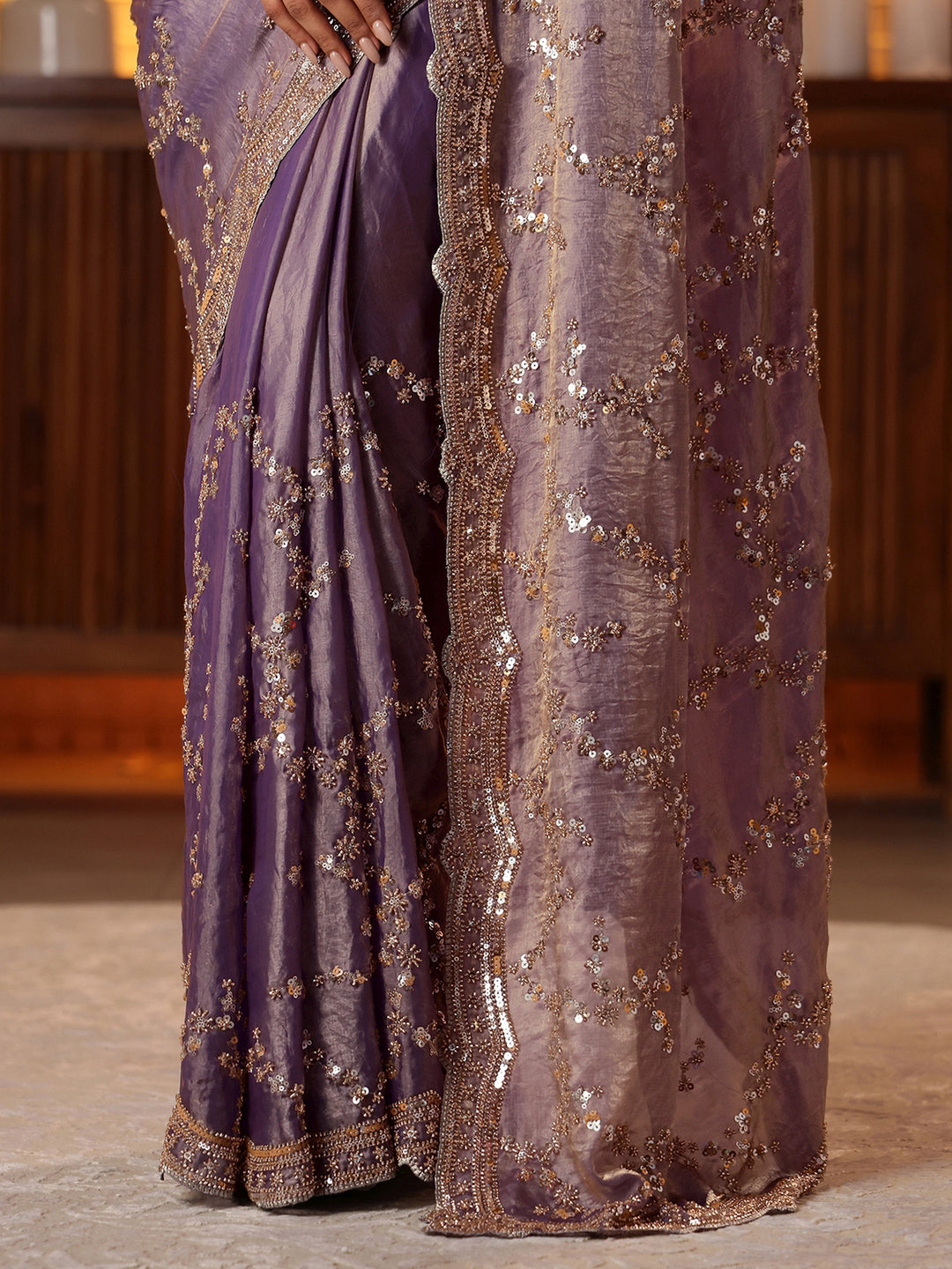  Lavender Floral Embellished Tissue Saree 