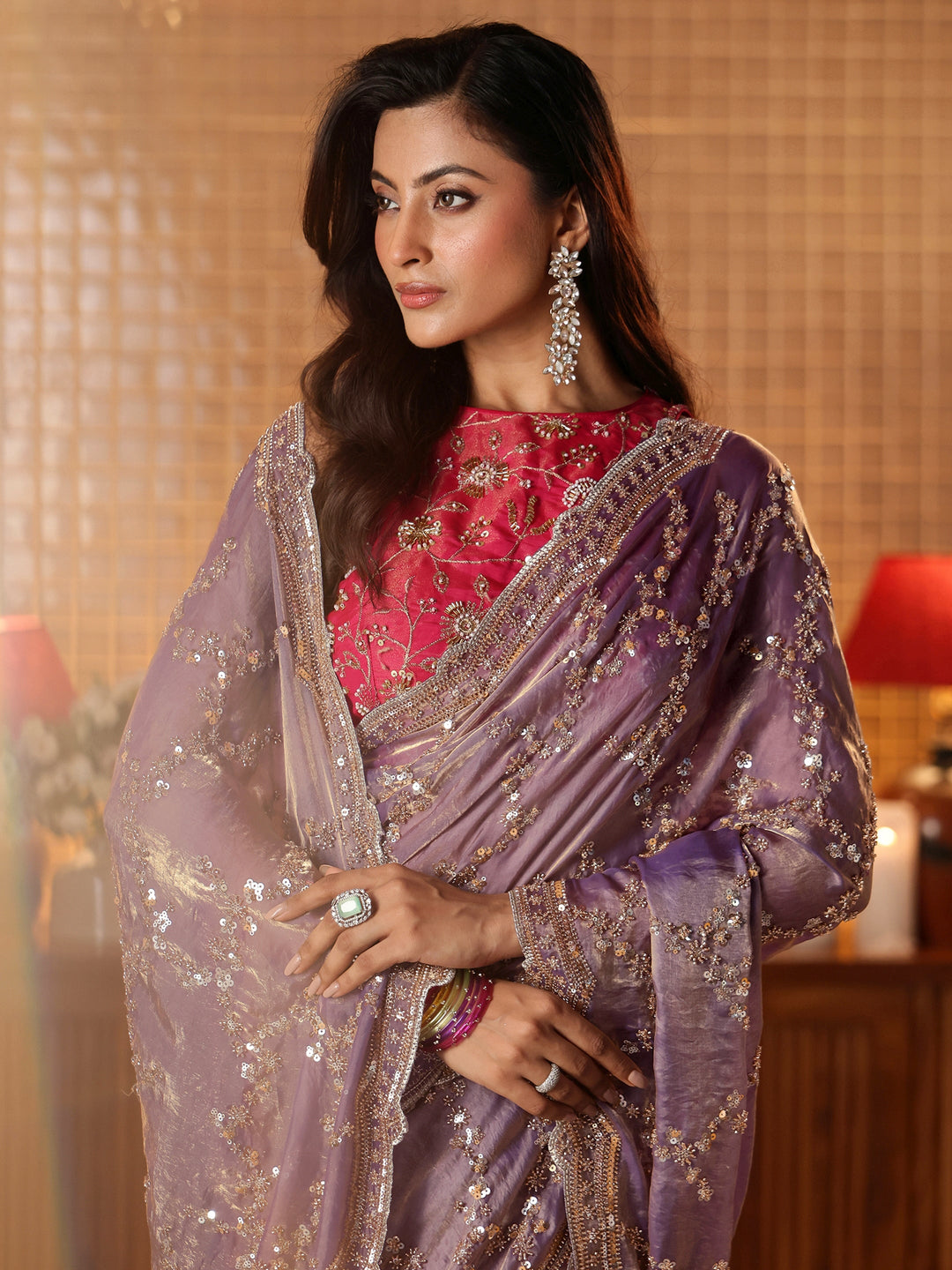  Lavender Floral Embellished Tissue Saree 