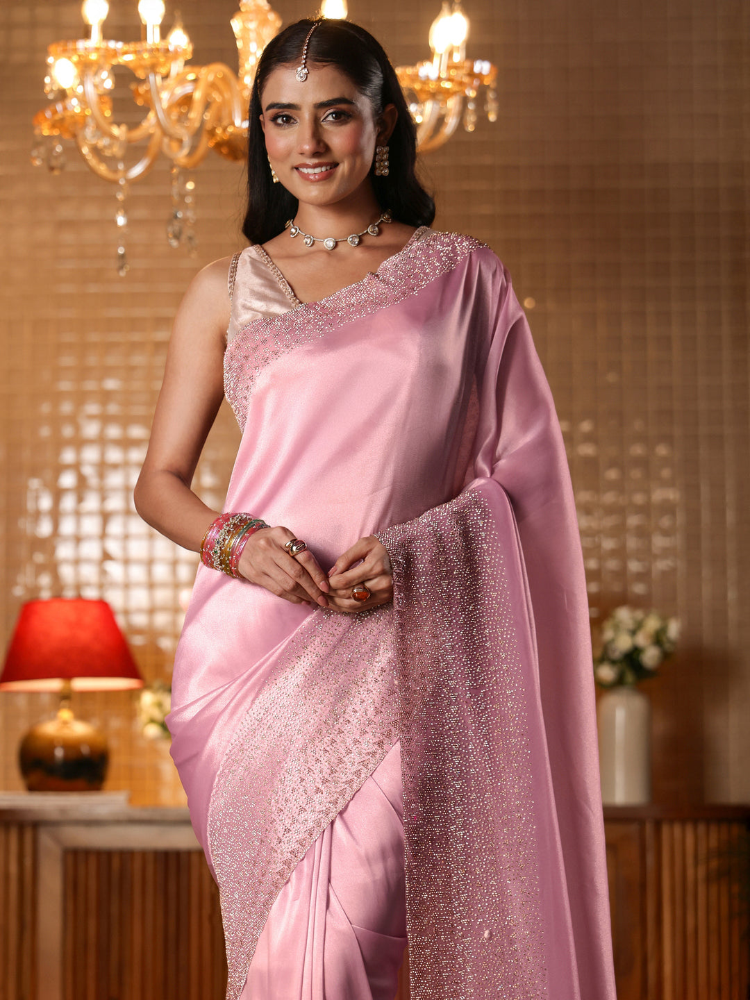  Pink Solid Net Saree 