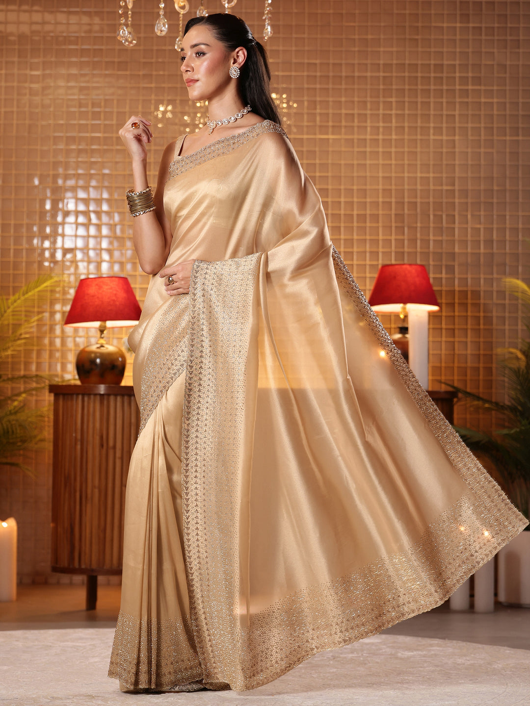  Beige Solid Net Saree 