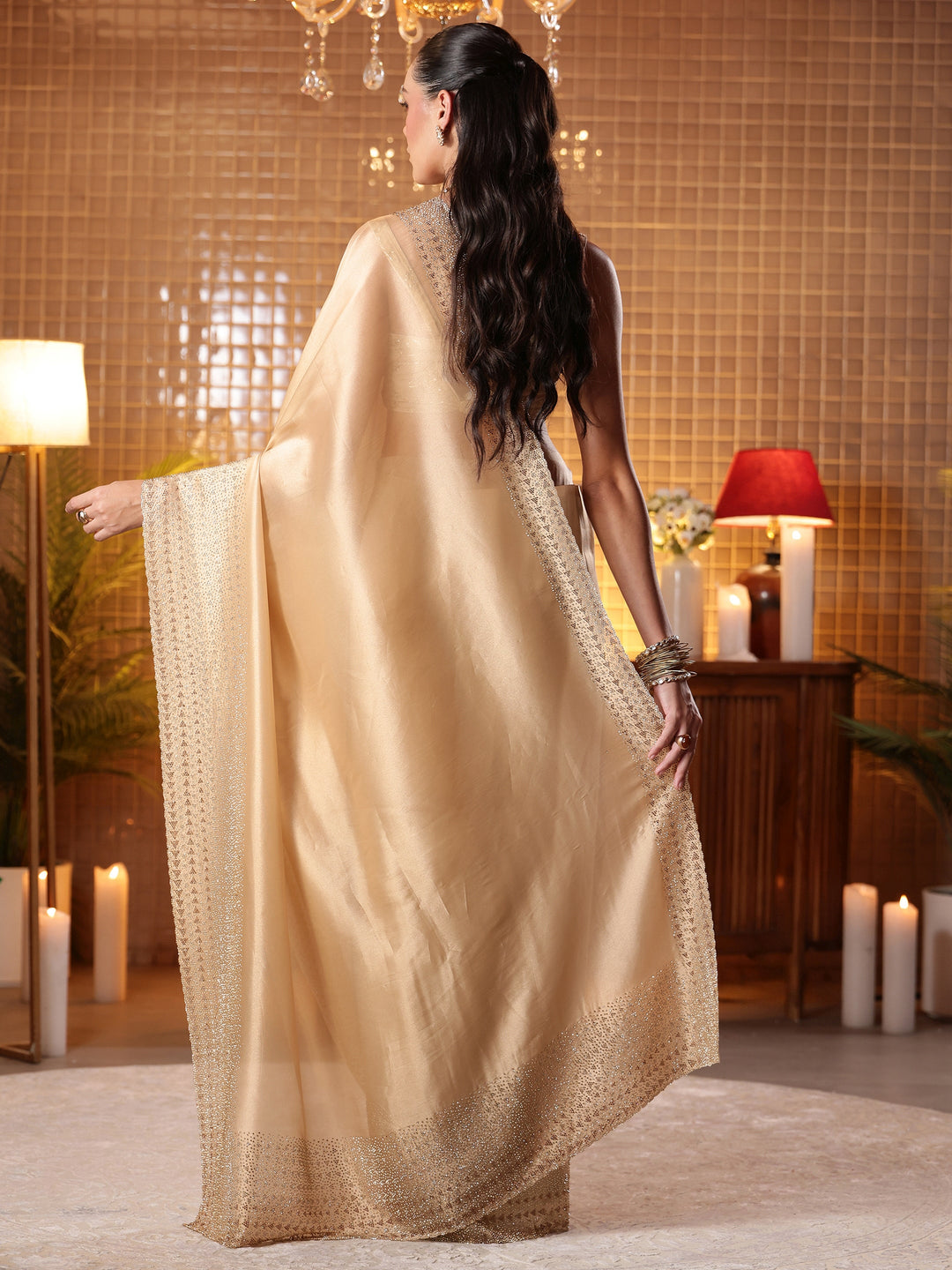  Beige Solid Net Saree 