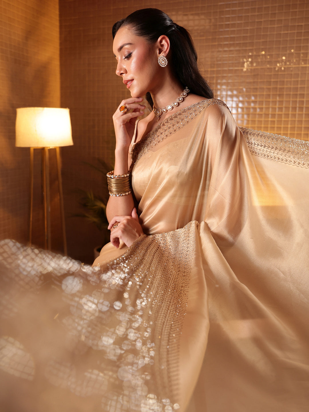  Beige Solid Net Saree 