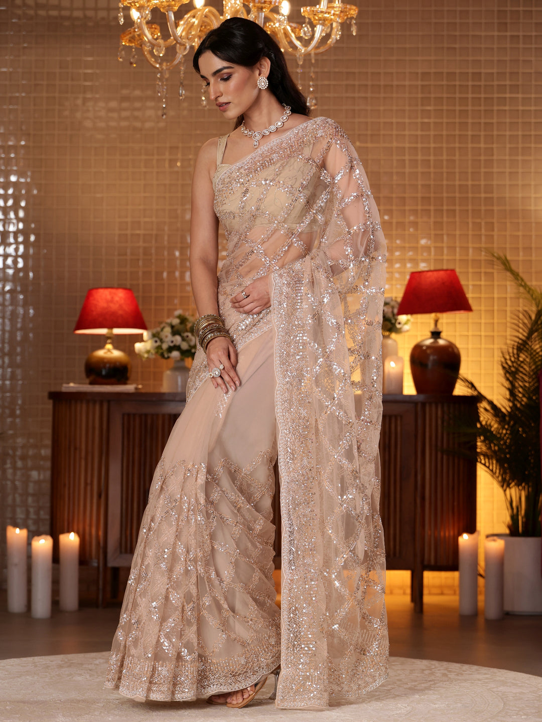  Beige Geometric Embellished Net Saree 