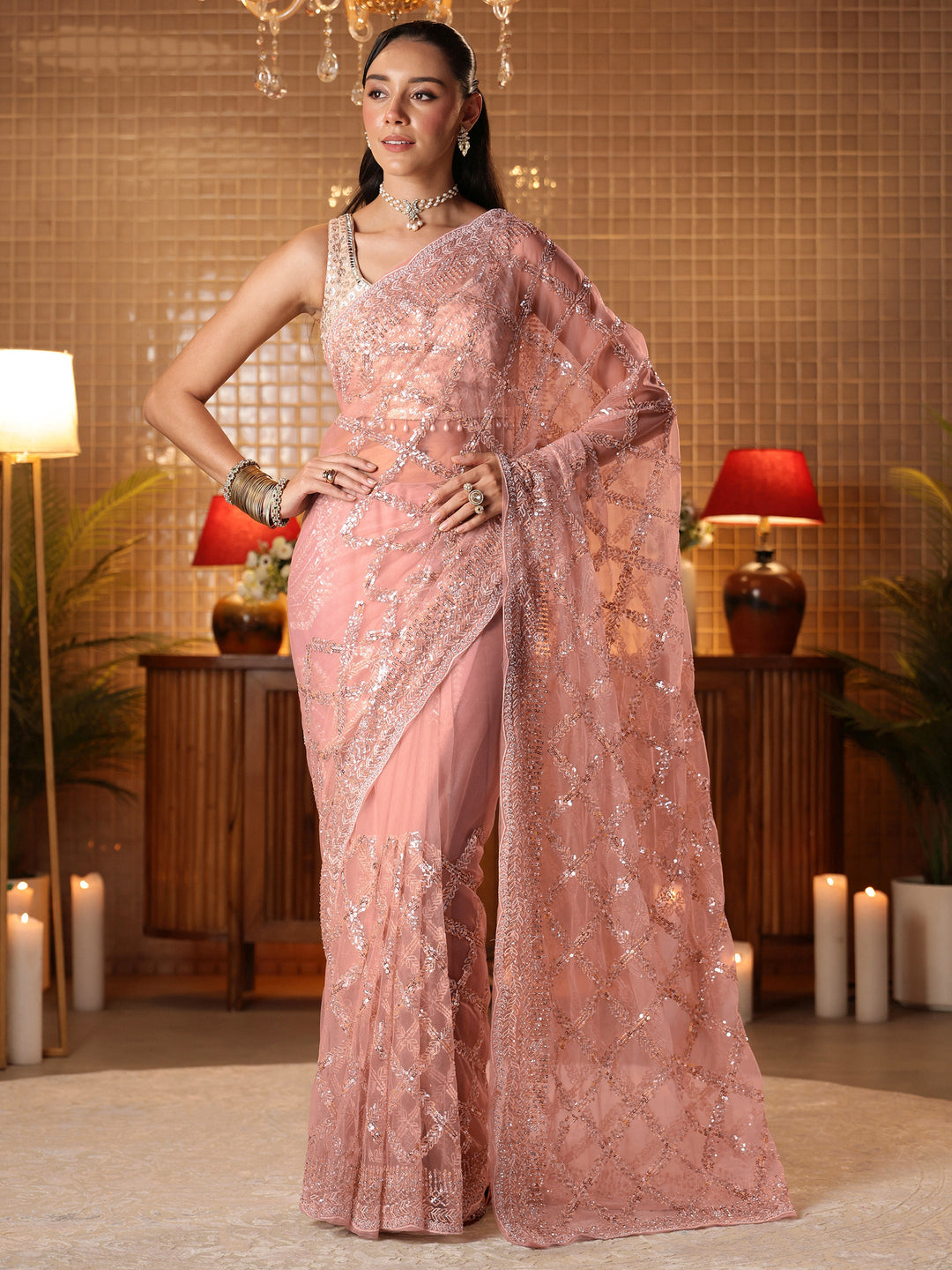  Pink Embellished Net Saree 