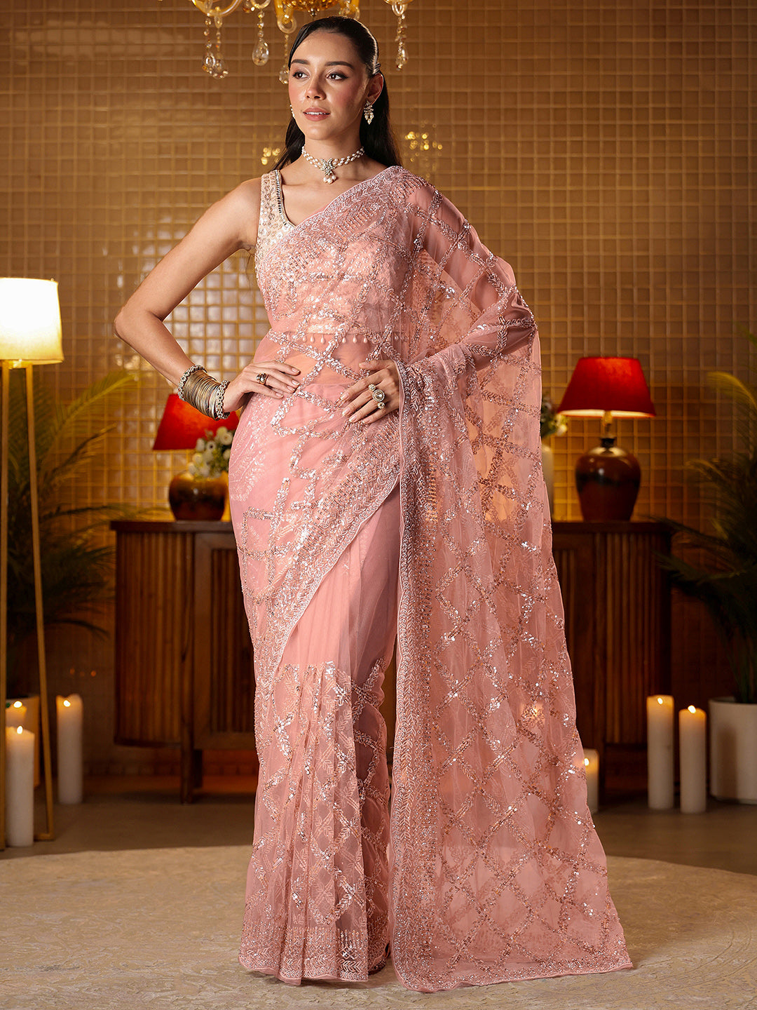  Libas Art Pink Embellished Net Saree 