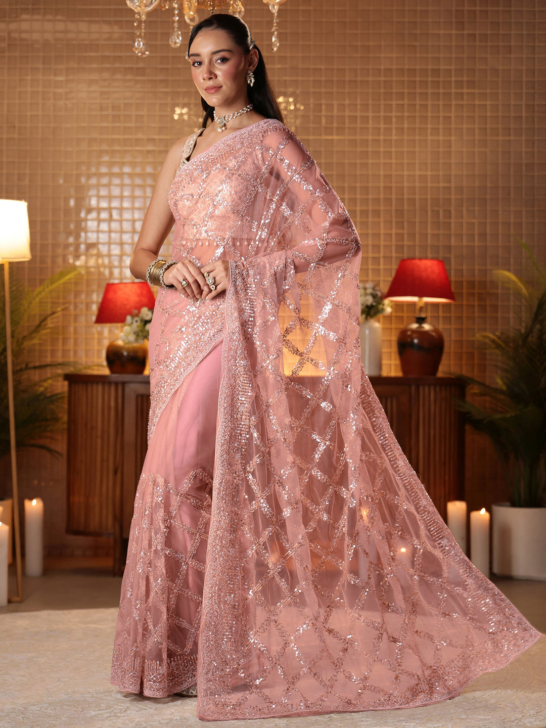  Pink Embellished Net Saree 