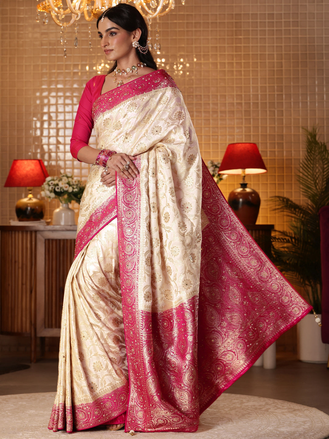  Cream Floral Woven Design Silk Blend Saree 