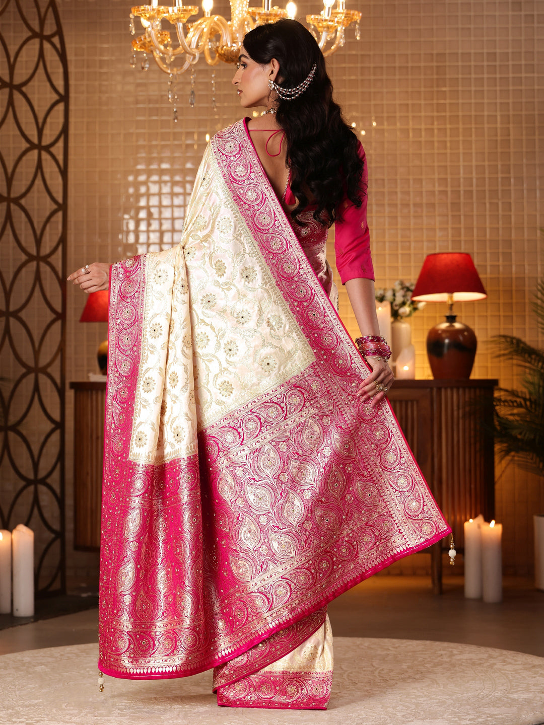  Cream Floral Woven Design Silk Blend Saree 