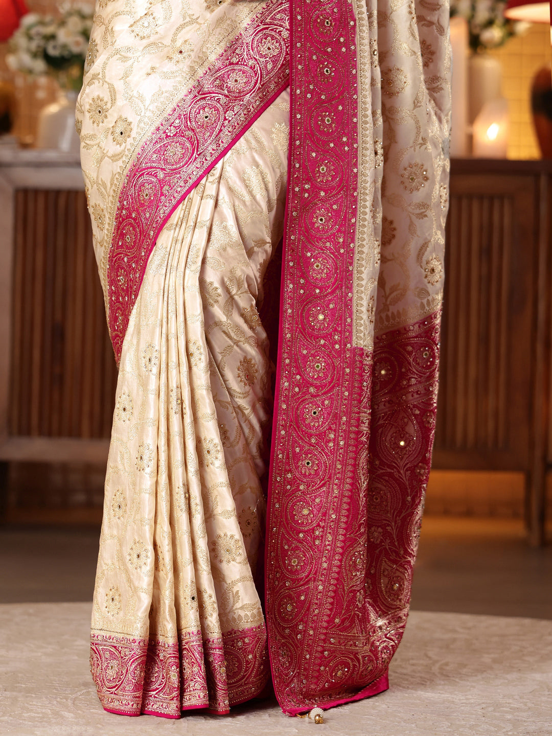  Cream Floral Woven Design Silk Blend Saree 