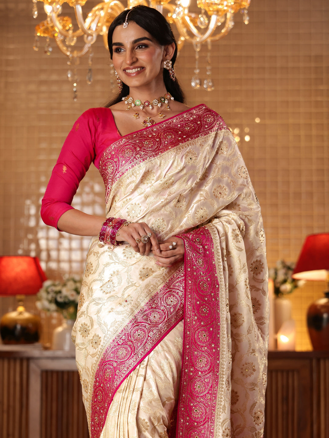  Cream Floral Woven Design Silk Blend Saree 