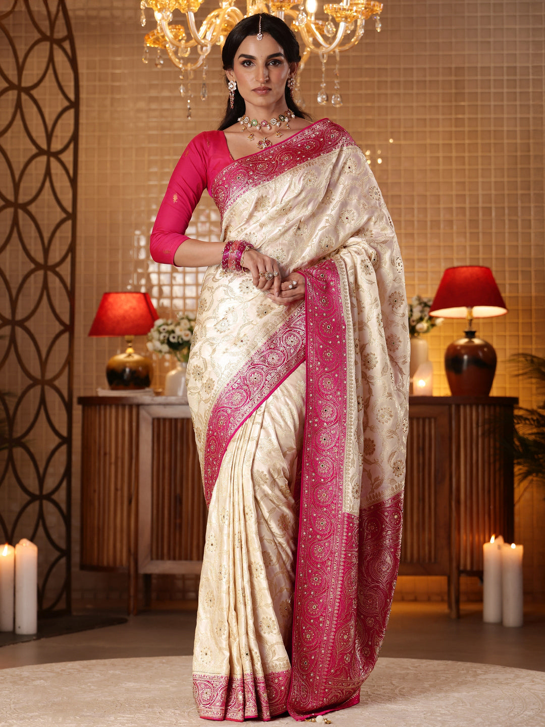  Cream Floral Woven Design Silk Blend Saree 