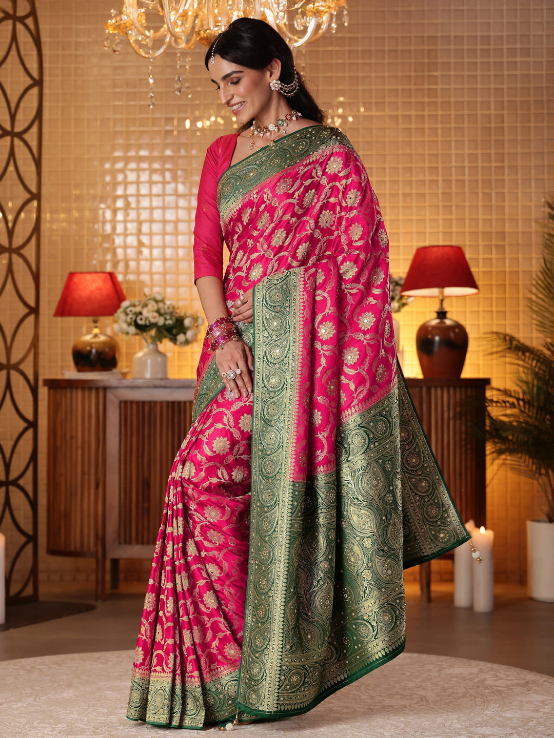  Libas Art Pink Floral Woven Design Silk Blend Saree 