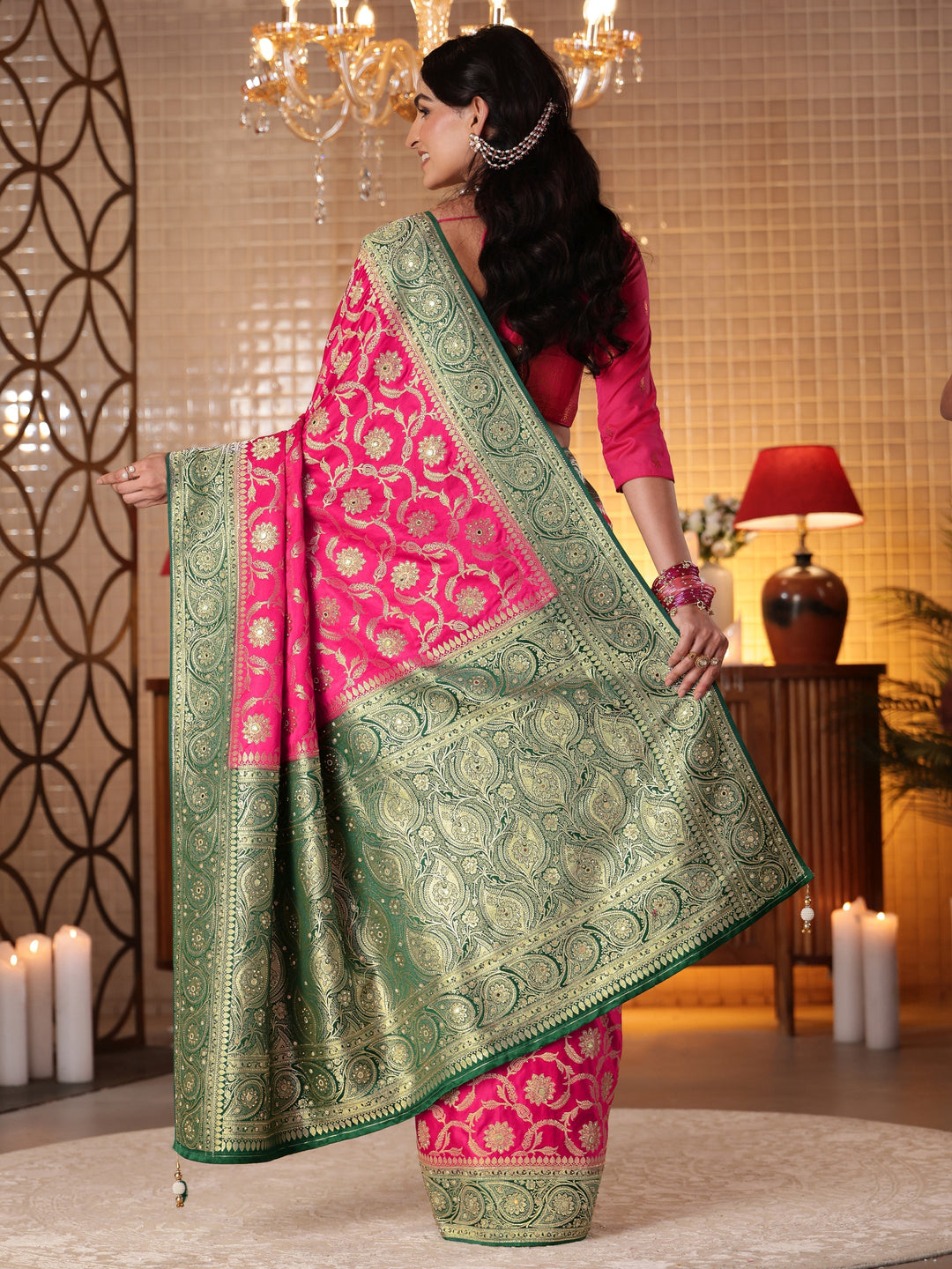  Libas Art Pink Floral Woven Design Silk Blend Saree 