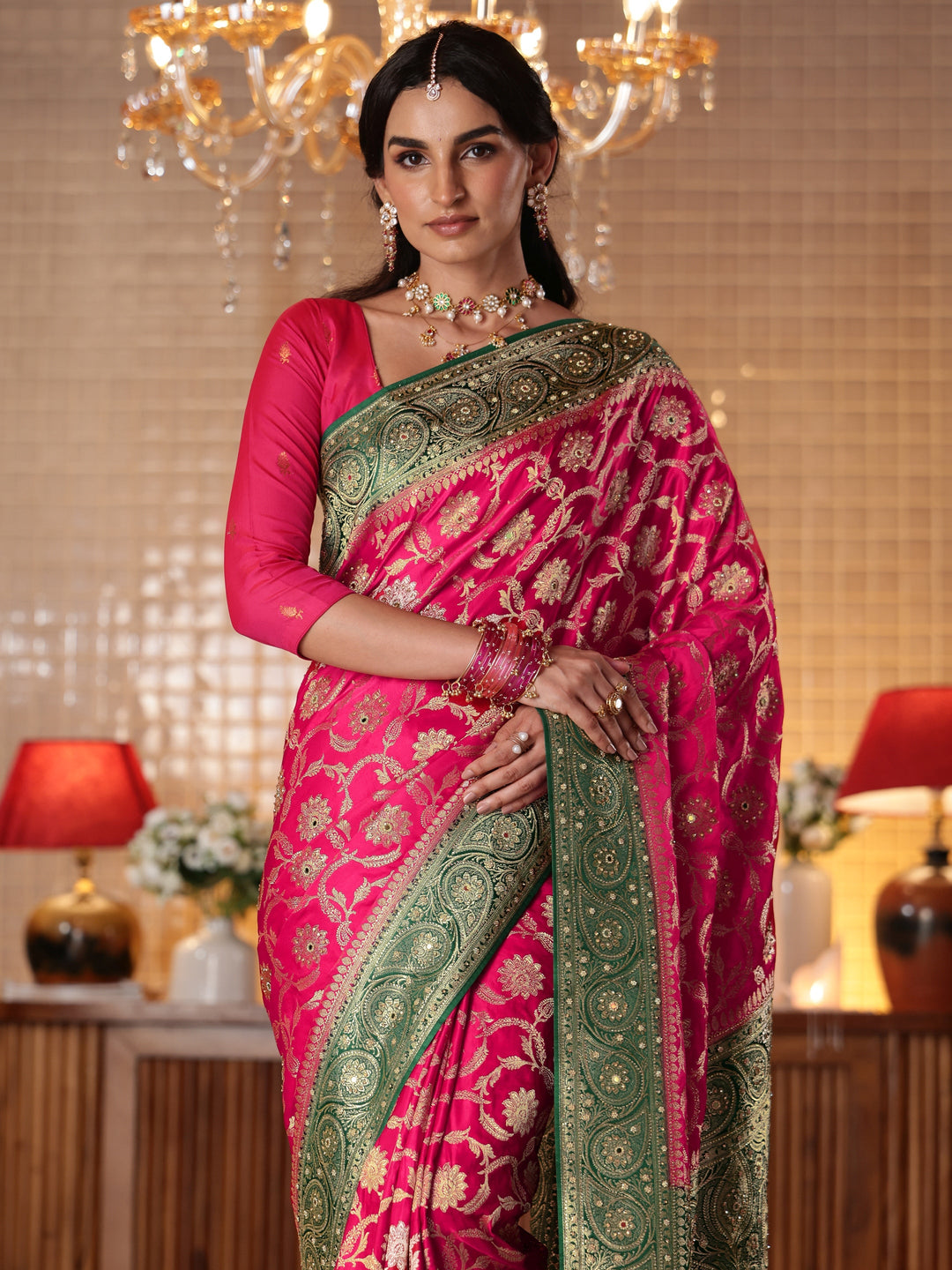  Libas Art Pink Floral Woven Design Silk Blend Saree 