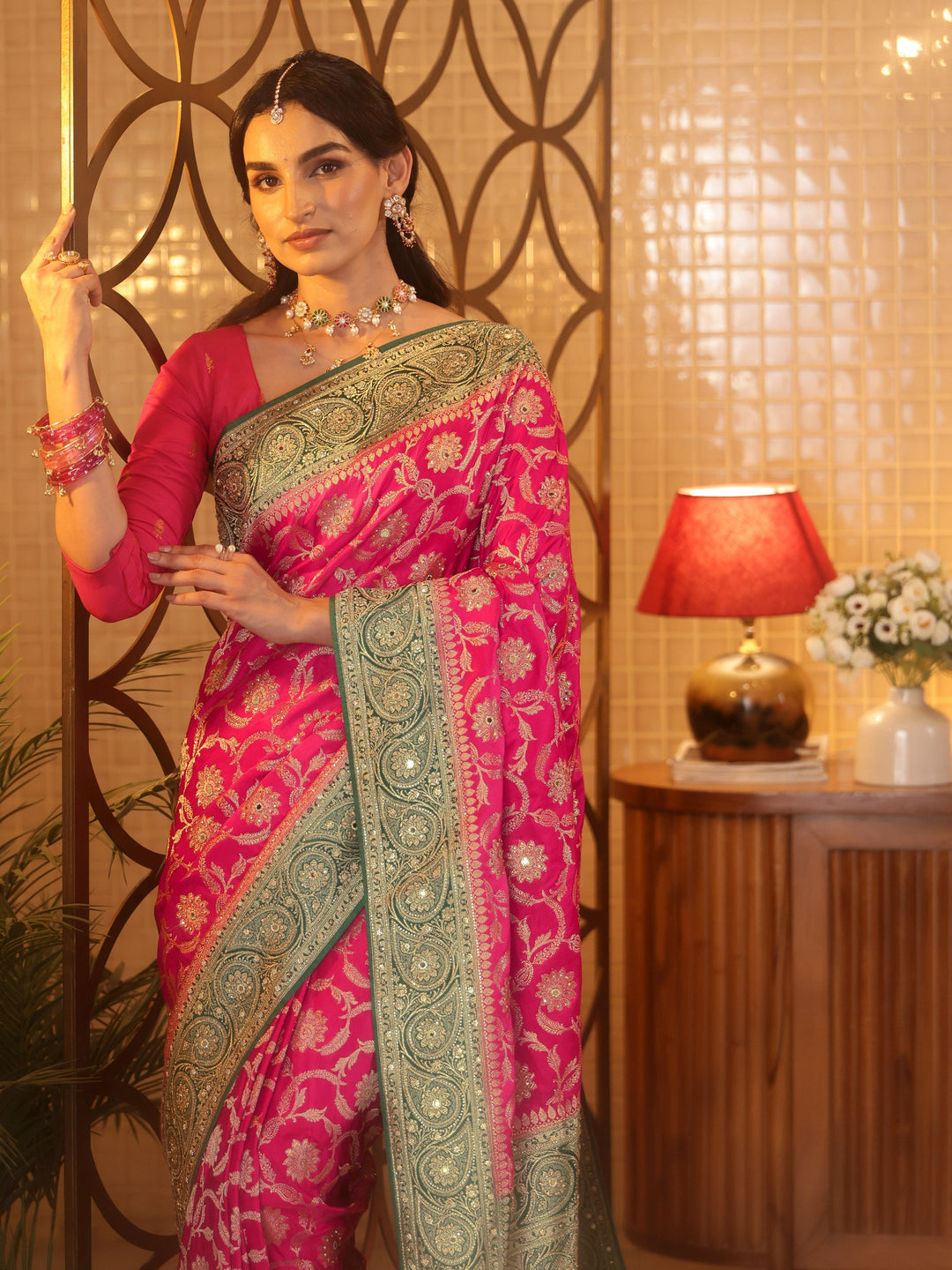  Libas Art Pink Floral Woven Design Silk Blend Saree 