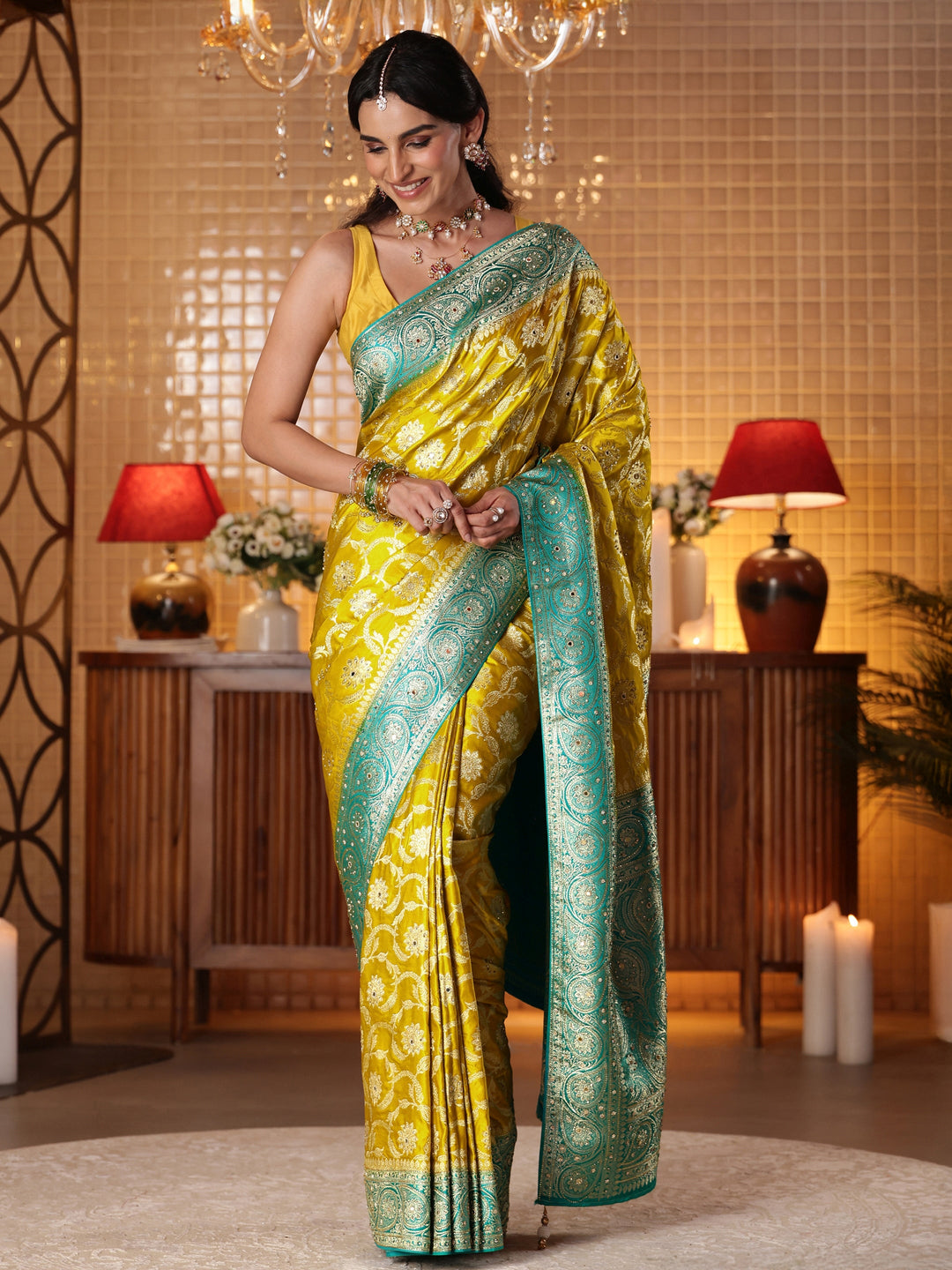  Libas Art Mustard Floral Woven Design Silk Blend Saree 