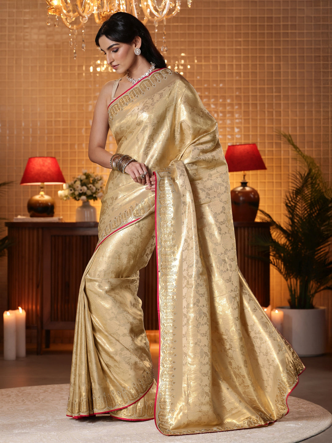  Gold Tribal Woven Design Satin Saree 