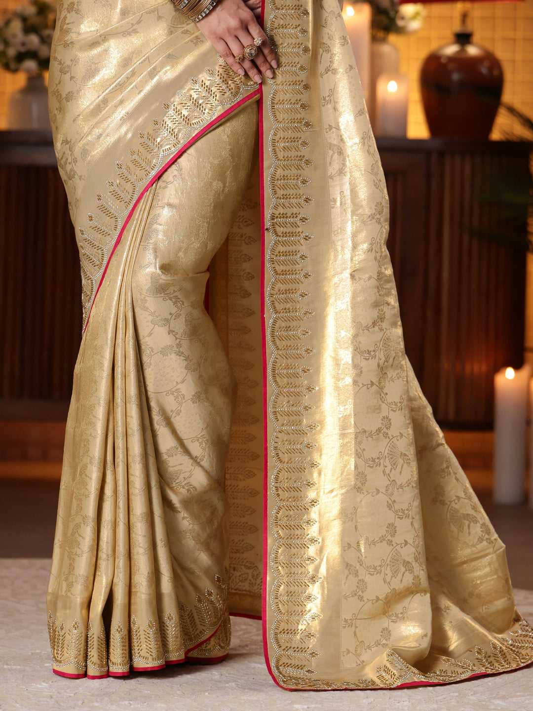  Gold Tribal Woven Design Satin Saree 
