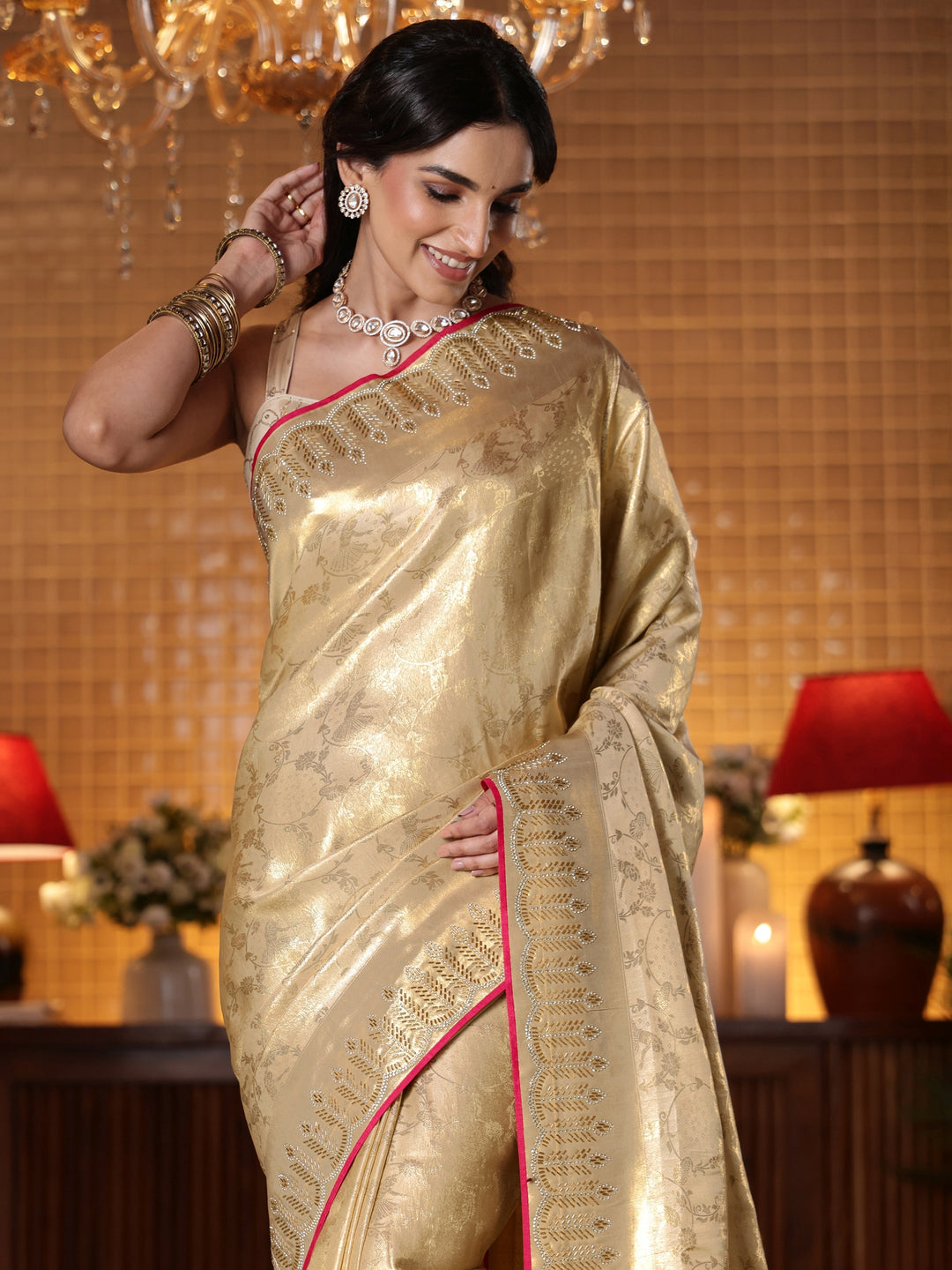  Gold Tribal Woven Design Satin Saree 