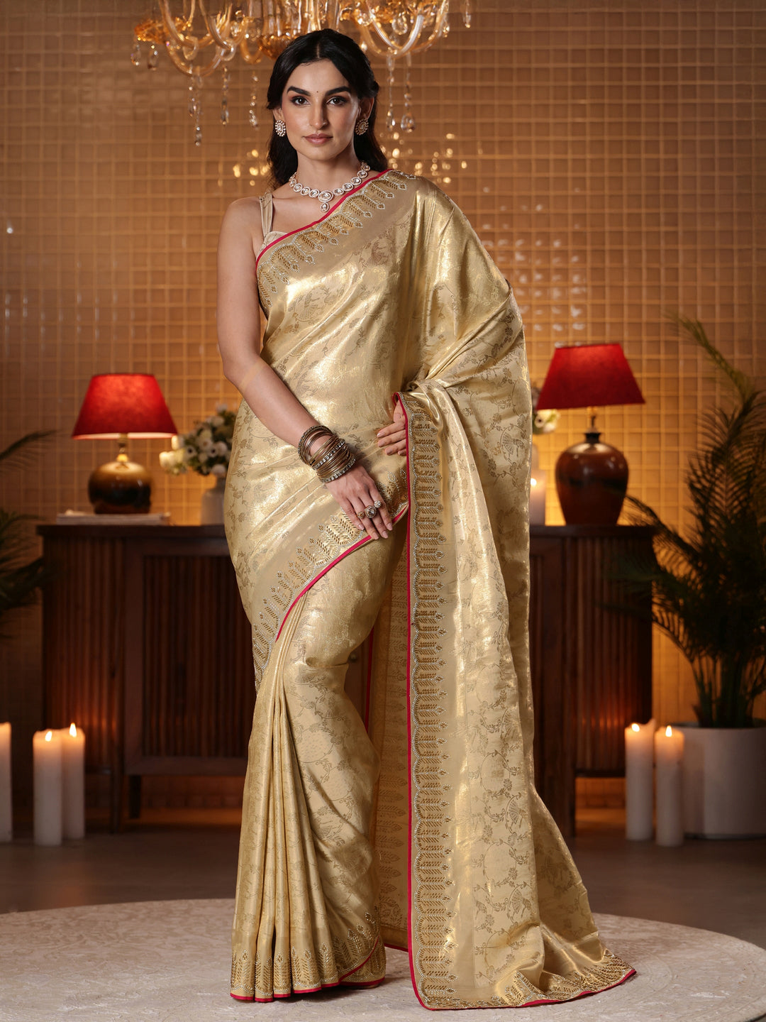  Gold Tribal Woven Design Satin Saree 
