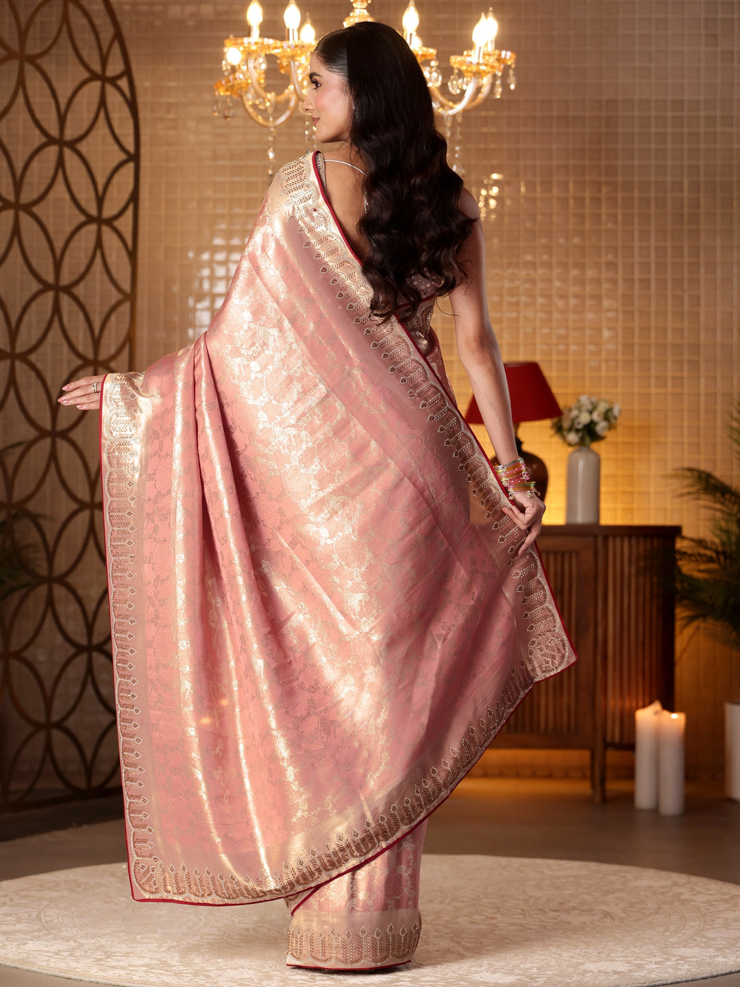  Peach Tribal Woven Design Satin Saree 