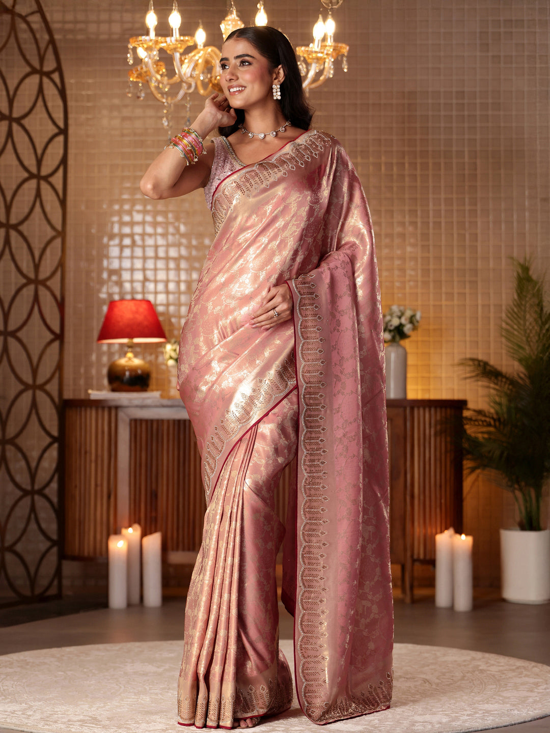  Peach Tribal Woven Design Satin Saree 