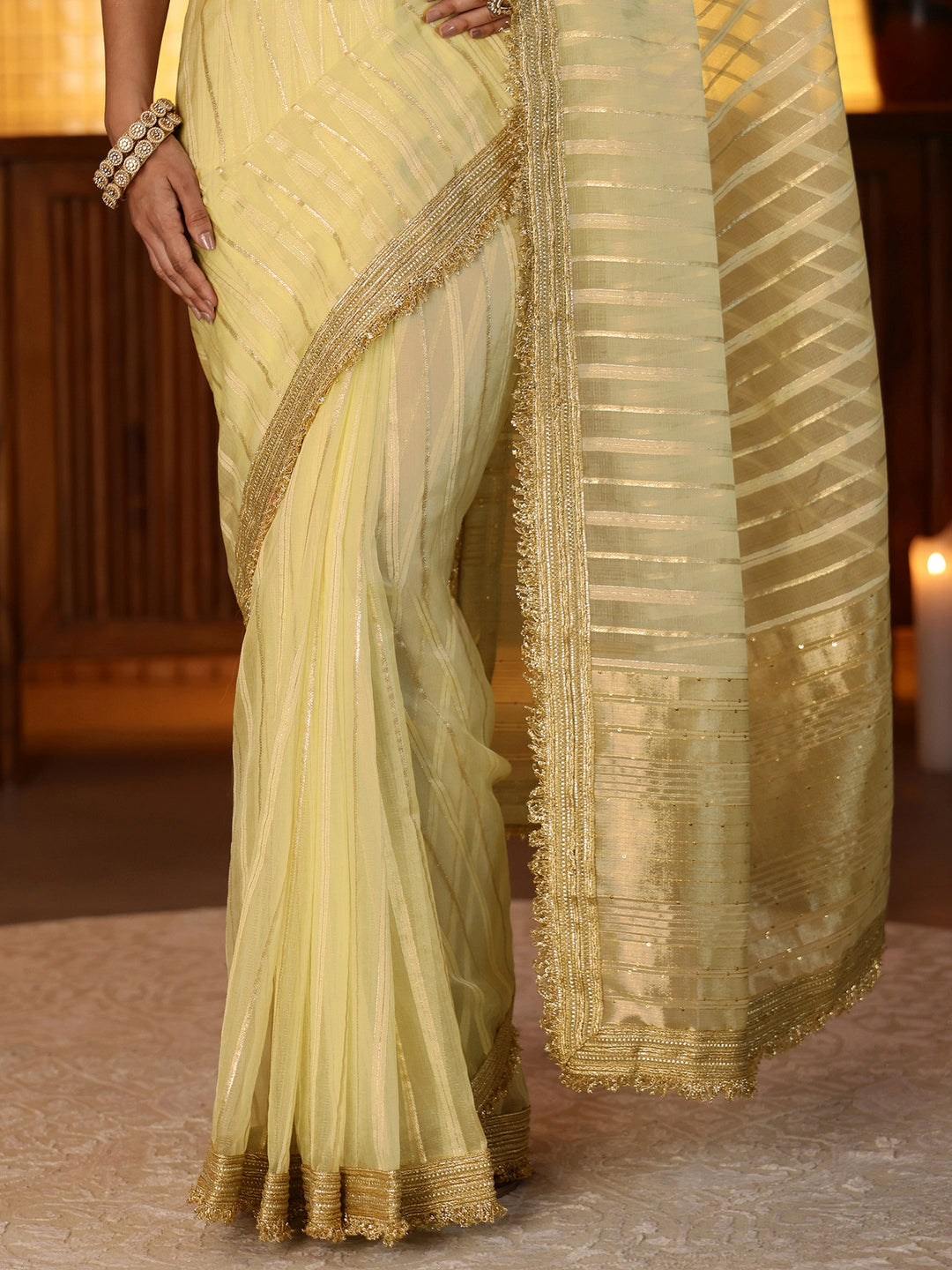  Gold Striped Woven Design Tissue Saree 
