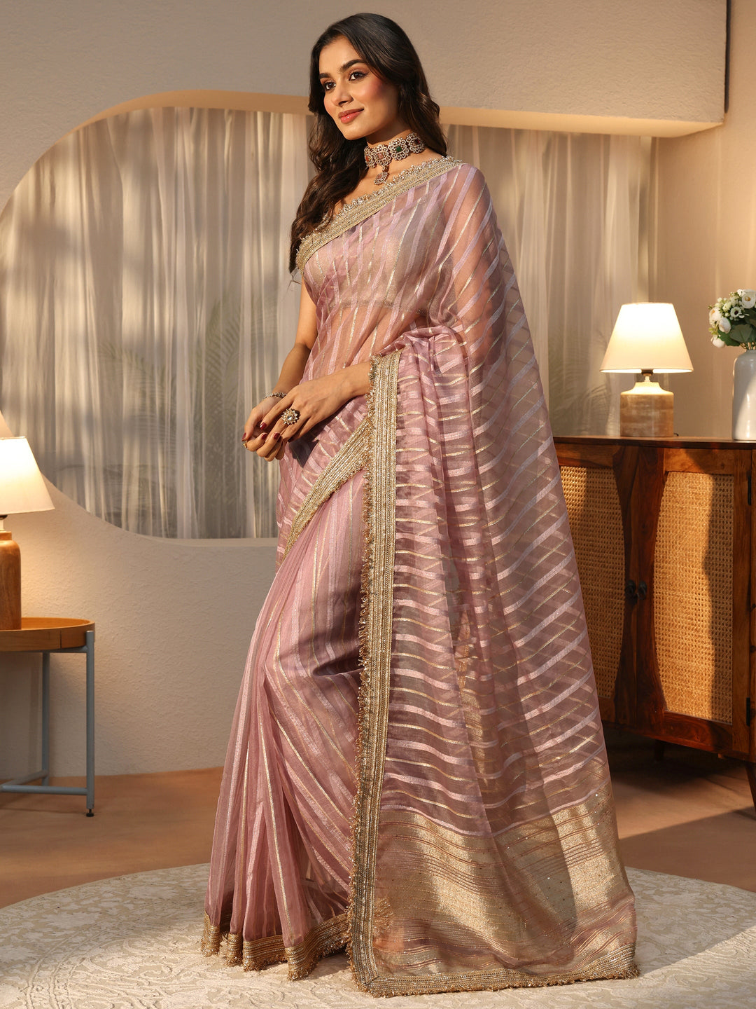  Lavender Self Design Tissue Saree 