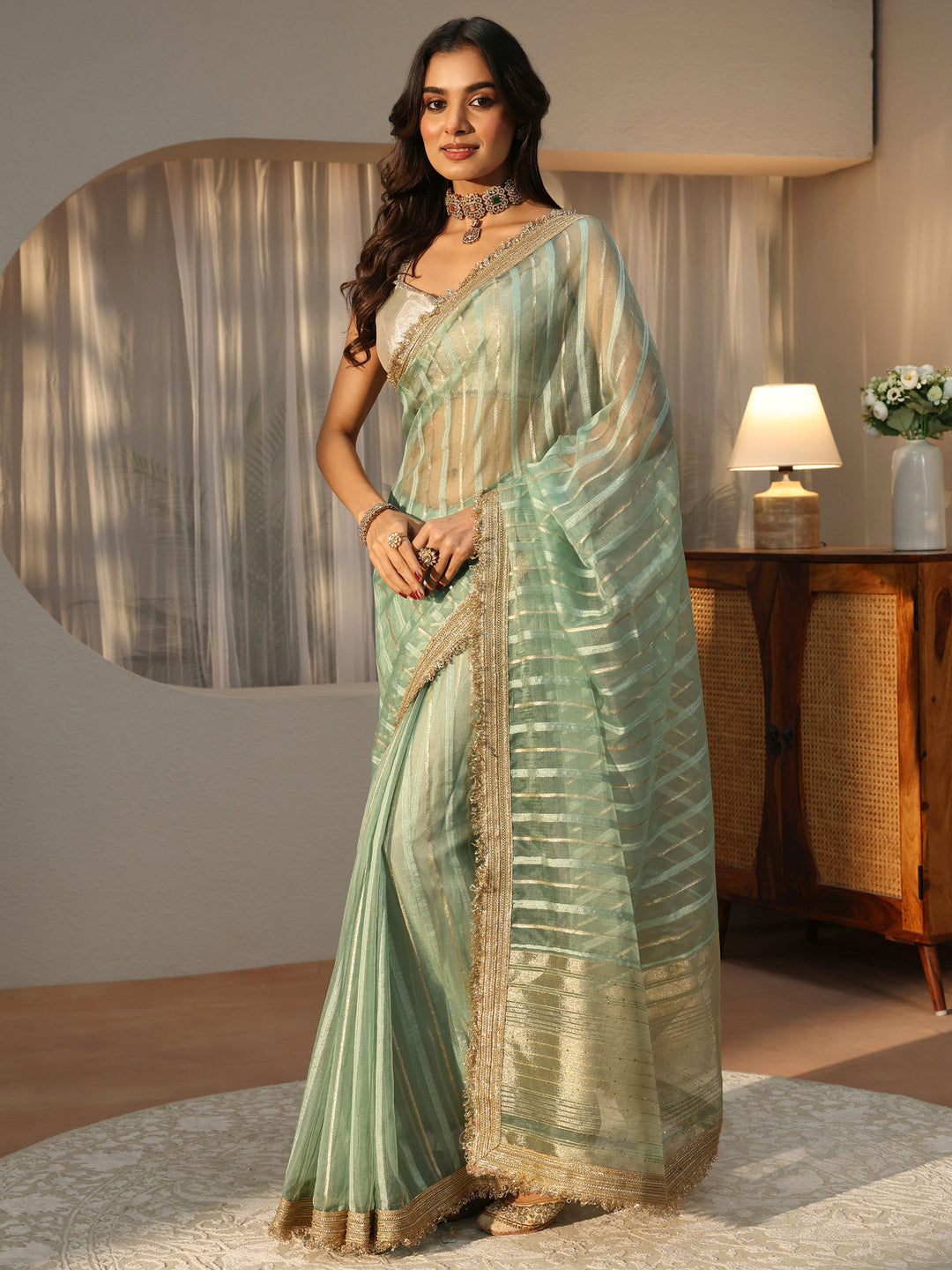  Mint Green Striped Tissue Saree 