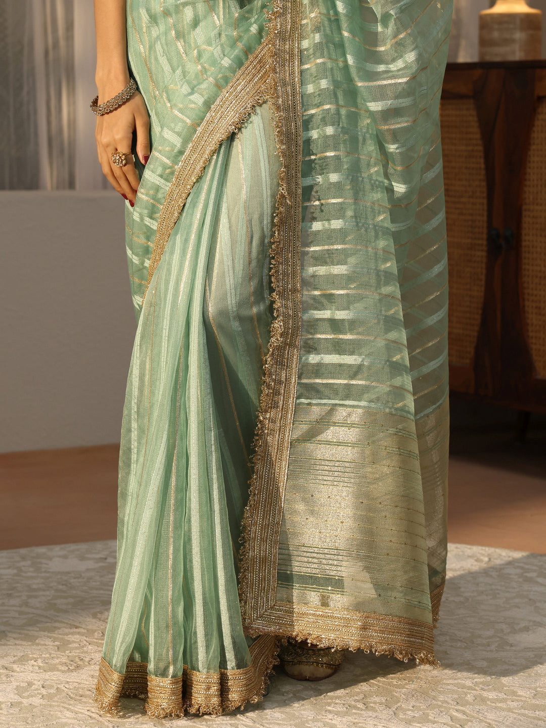  Mint Green Striped Tissue Saree 