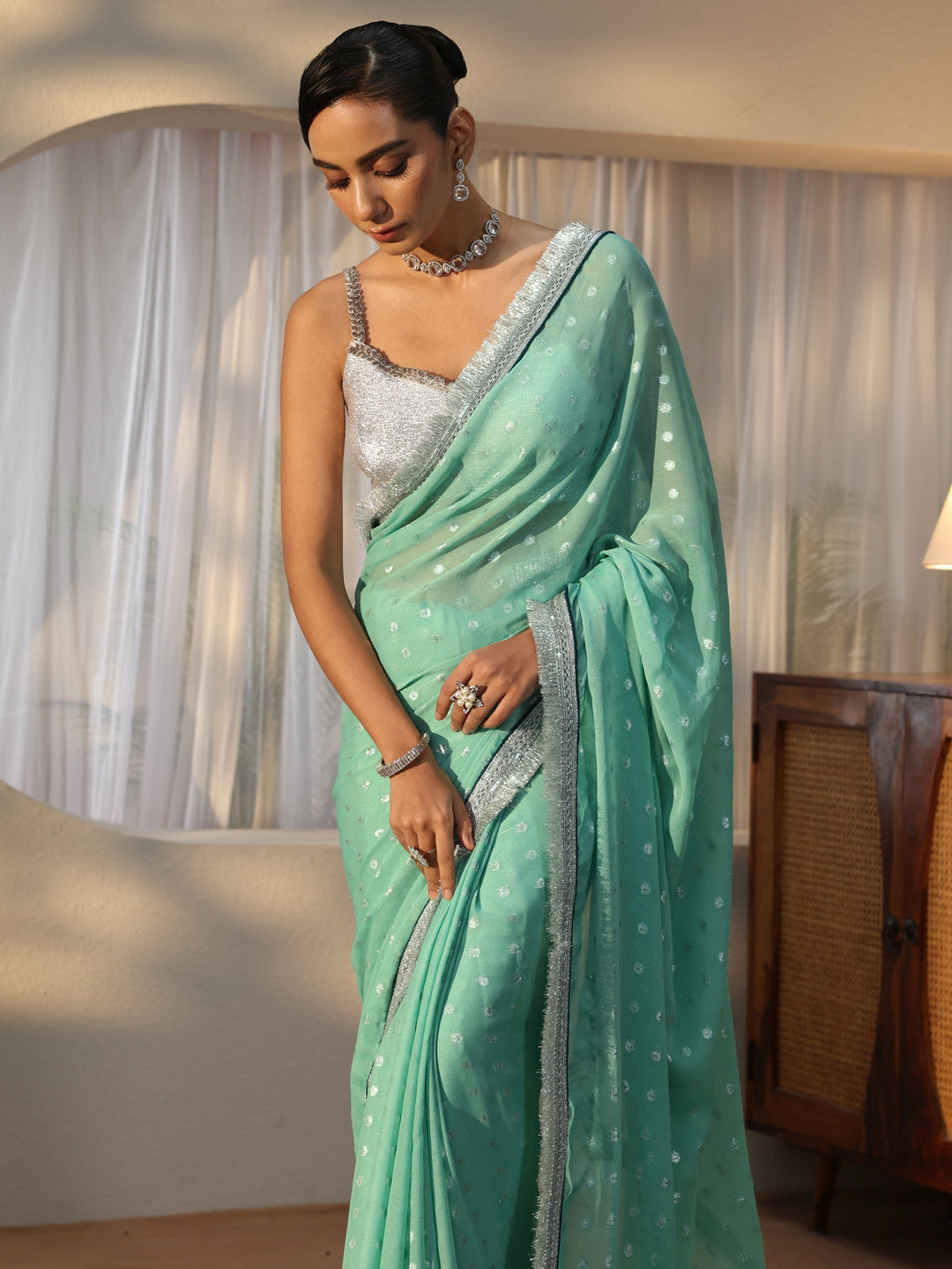  Mint Green Woven Design Tissue Saree 