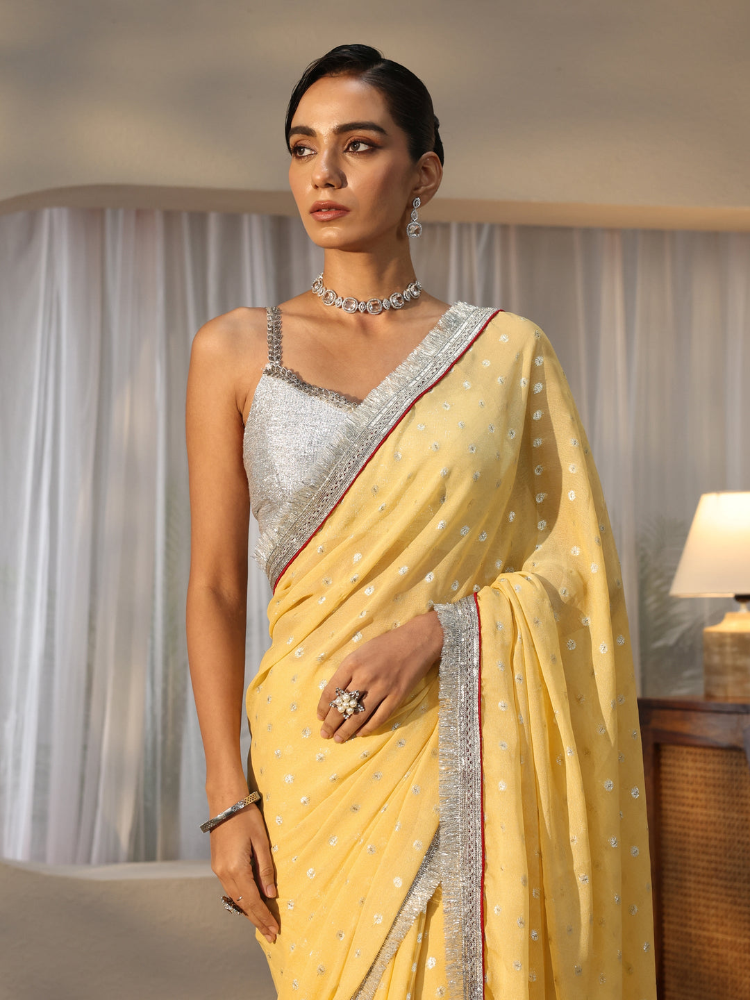  Yellow Woven Design Tissue Saree 