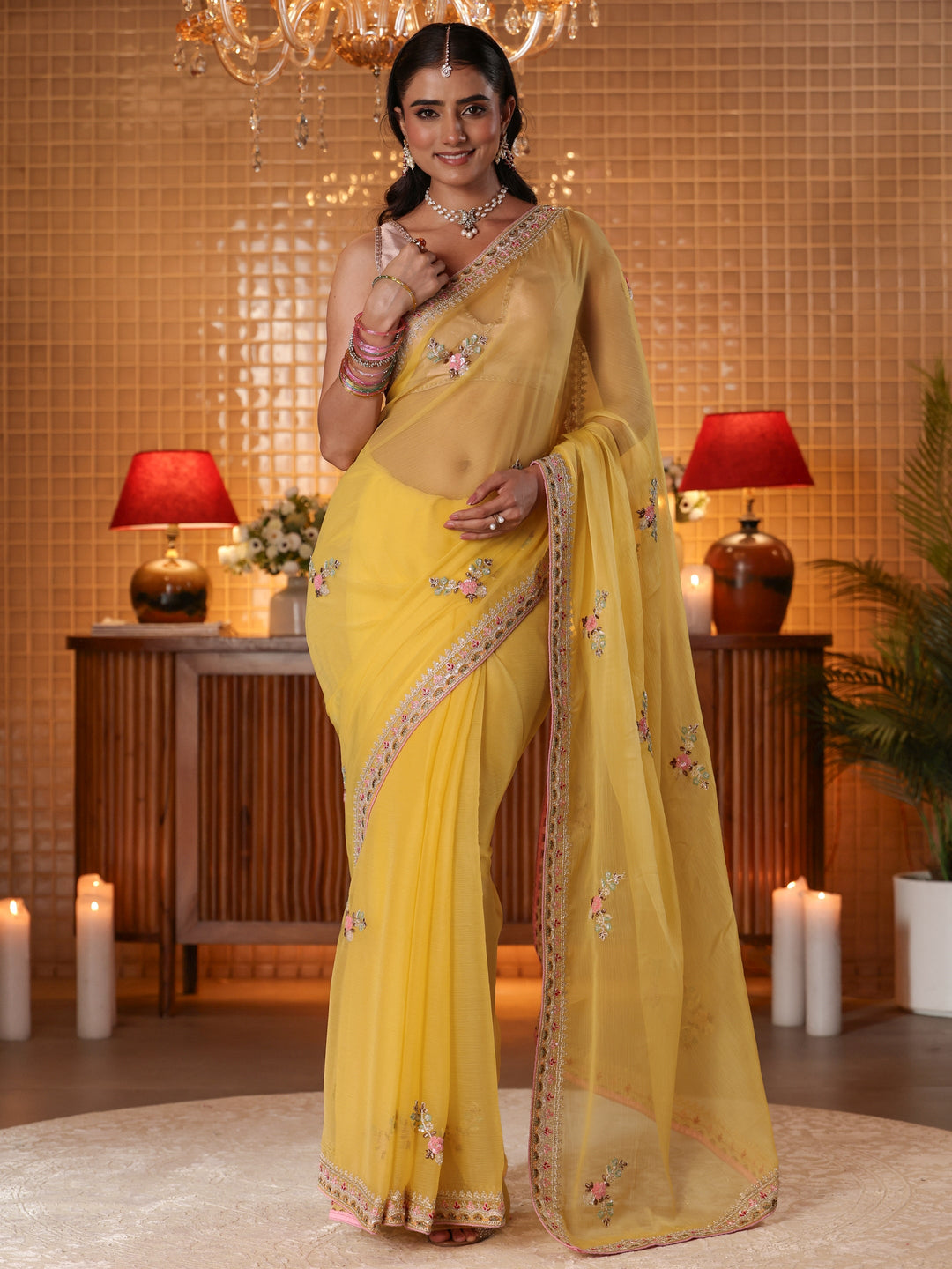  Mustard Floral Embroidered Silk Blend Saree 