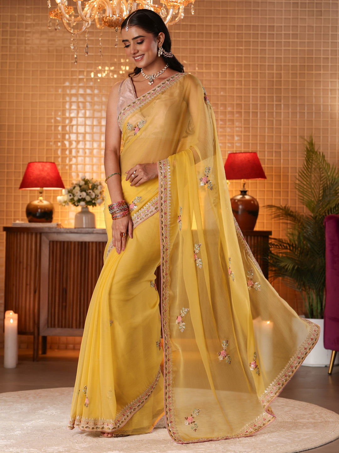  Mustard Floral Embroidered Silk Blend Saree 