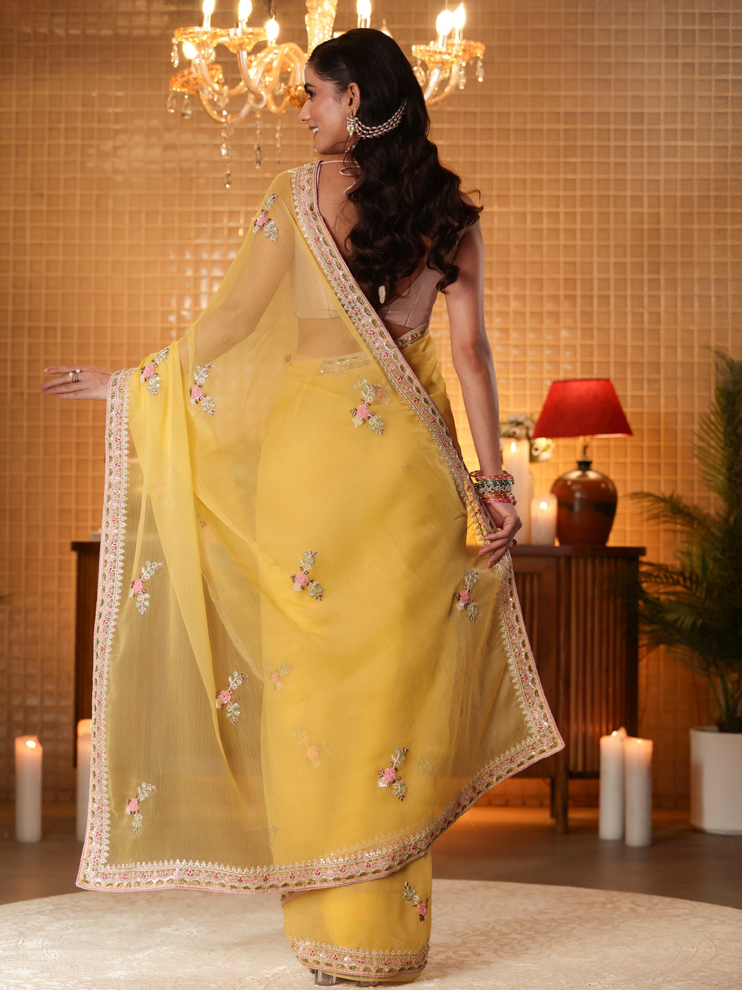  Mustard Floral Embroidered Silk Blend Saree 
