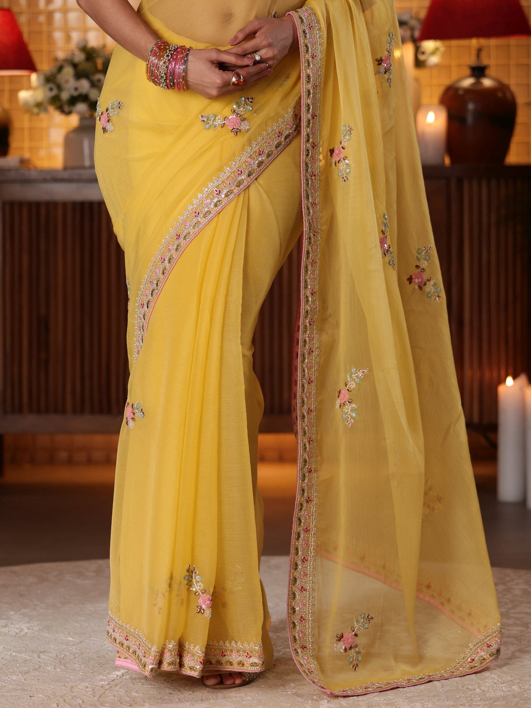  Mustard Floral Embroidered Silk Blend Saree 