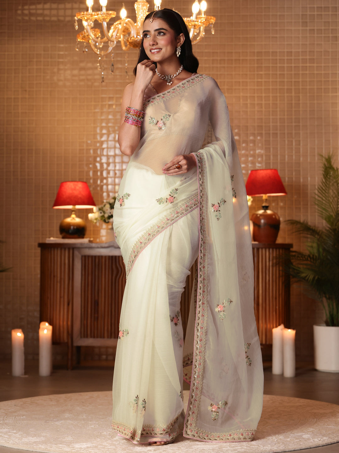  Cream Floral Embroidered Silk Blend Saree 