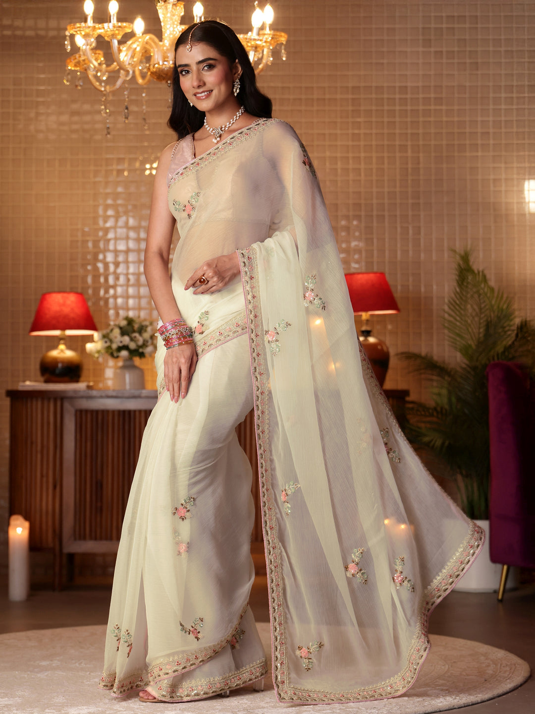  Cream Floral Embroidered Silk Blend Saree 
