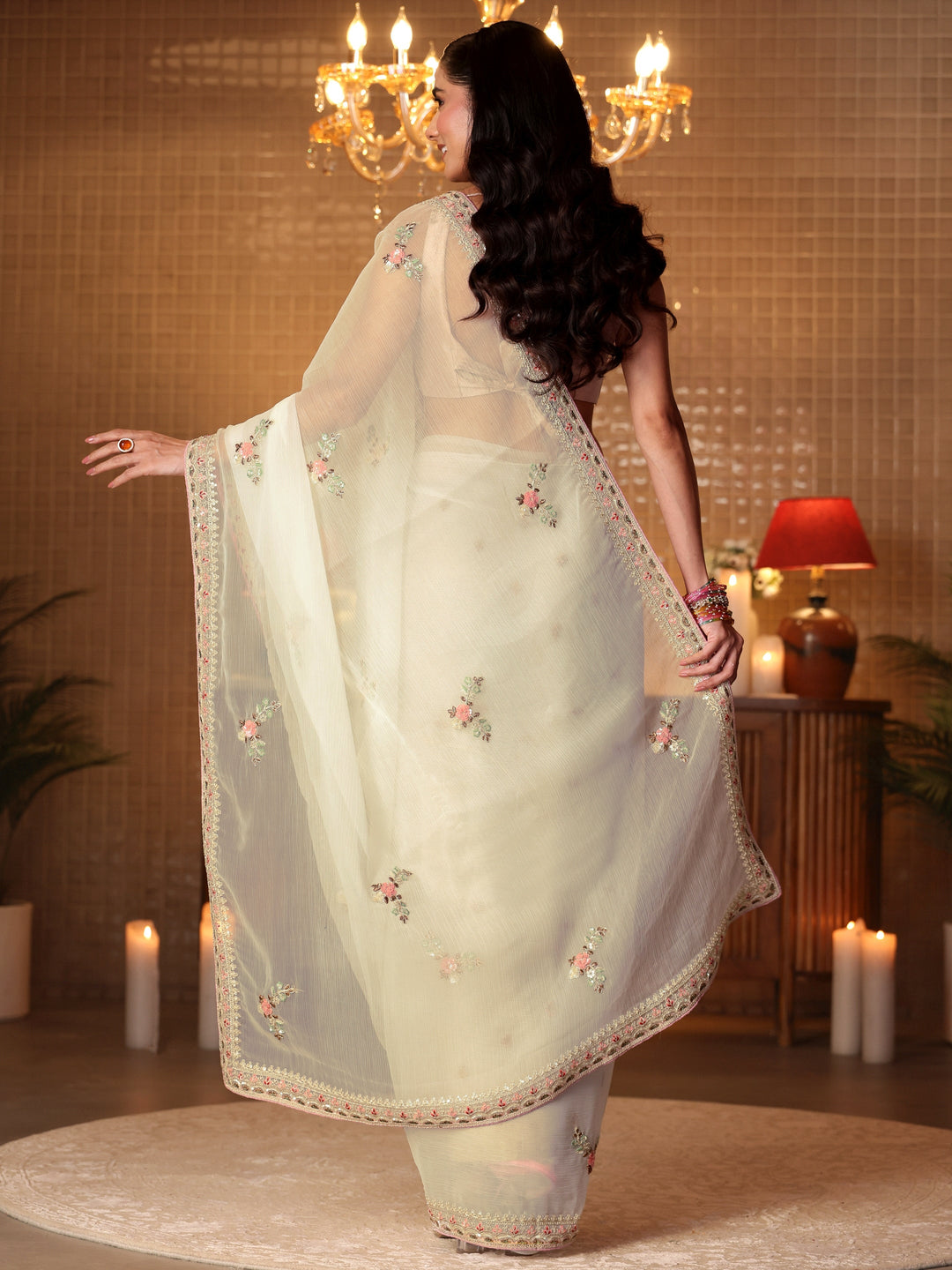  Cream Floral Embroidered Silk Blend Saree 