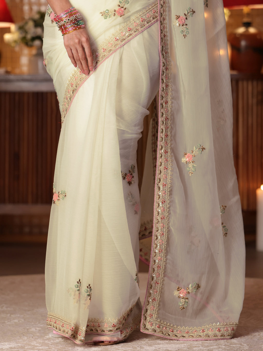  Cream Floral Embroidered Silk Blend Saree 
