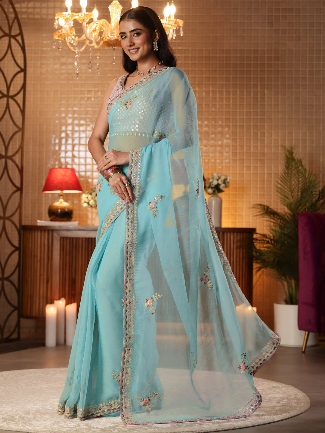  Blue Floral Embroidered Silk Blend Saree 